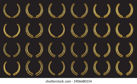 Set of golden vector laurel wreaths on black background. wreaths depicting an award, heraldry, achievement, victory, crown, winner, ornate,  cinema festival, Vector icon illustration.