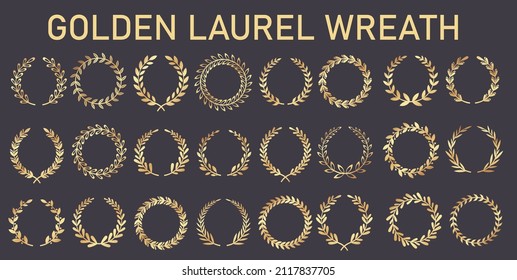 Set of golden vector laurel wreaths on black background. Set of foliate award wreath for cinema festival Vector illustration set