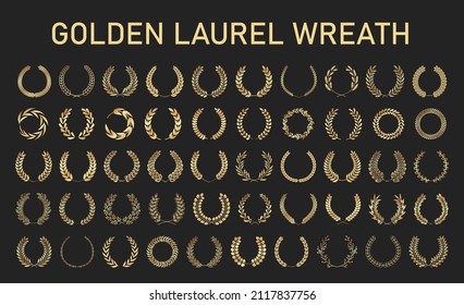 Conjunto de coronas de laurel vector dorado sobre fondo negro. Serie de premios foliate para el festival de cine Conjunto de ilustraciones vectoriales