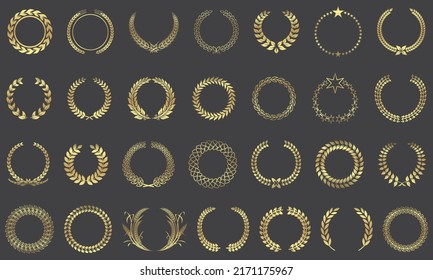 Set of golden vector laurel wreaths on black background. Vector illustration