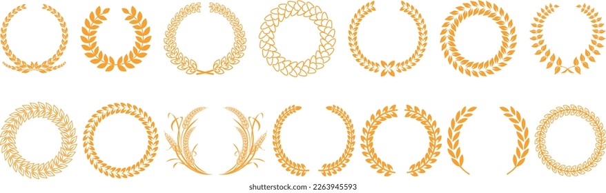 Set of golden vector laurel wreaths on black background. Set of foliate award wreath for cinema festival. Vector illustration.