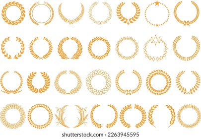 Set of golden vector laurel wreaths on black background. Set of foliate award wreath for cinema festival. Vector illustration.