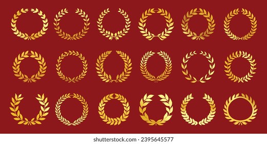 Set of golden vector laurel wreaths on red background. floral winner award decorative