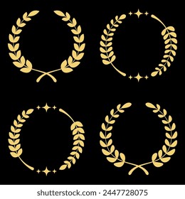Set of golden vector laurel wreaths on black background. Foliate award wreath. Golden branch of olive leaves and stars for cinema festival. Vector illustration.