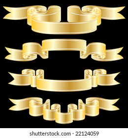 Set of golden vector ribbons on black background