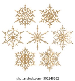 Set of golden vector snowflakes on white background for Christmas and New Year design. Geometric circle shapes. Winter objects. Festive elements. Snowflake icons.