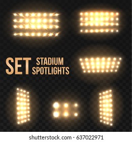 Set golden vector stadium spotlight with spark on transparent background.