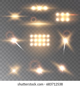 Set golden vector stadium spotlight with spark on transparent background.