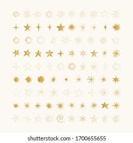 Set of golden vector stars. Elegant gold foil holiday design. Vector isolated illustration.