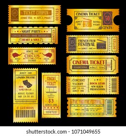 Set of golden vector tickets and coupons template. Can be used for theatre, cinema, circus, film festival, party, ect.