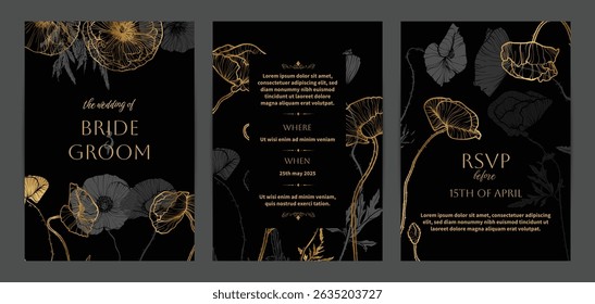Set of golden vector wedding invitation templates. Elegant botanical flower decorate with line art poppy texture template background. Design illustration for wedding and vip cover template, banner.