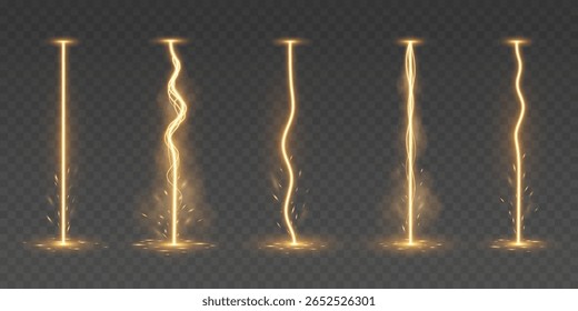 Set of golden vertical energy lightning bolts with glowing and sparkling effects. Realistic magic electric beams for video games, VFX, futuristic or fantasy themes. Vector illustration.