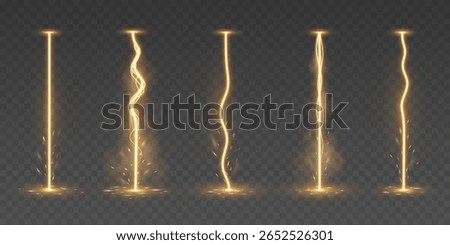 Set of golden vertical energy lightning bolts with glowing and sparkling effects. Realistic magic electric beams for video games, VFX, futuristic or fantasy themes. Vector illustration.