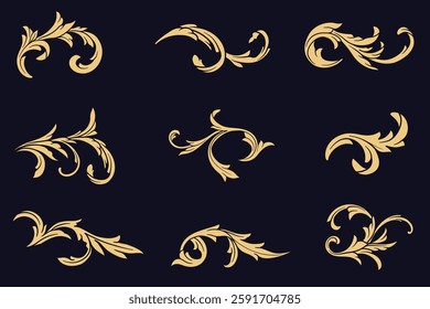 Set of golden Victorian baroque decorative elements on black. Gold filigree, Luxurious flourish ornament vector illustration