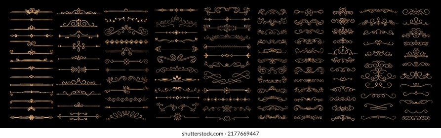 Set of golden vintage borders. Collection of design elements for website, luxurious decoration and ornament in vintage traditional style. Cartoon flat vector illustrations isolated on black background