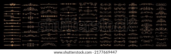 Set of golden vintage borders. Collection of\
design elements for website, luxurious decoration and ornament in\
vintage traditional style. Cartoon flat vector illustrations\
isolated on black\
background