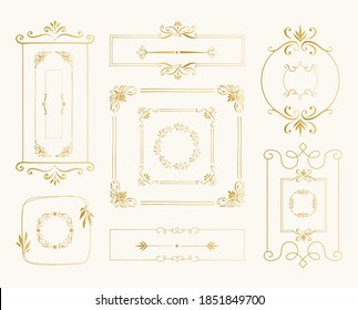 Set of golden vintage borders. Elegant ornate patterns. Vector luxurious design. Isolated illustration.