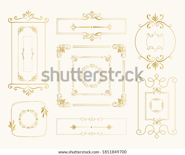 Set of golden\
vintage borders. Elegant ornate patterns. Vector luxurious design.\
Isolated illustration.
