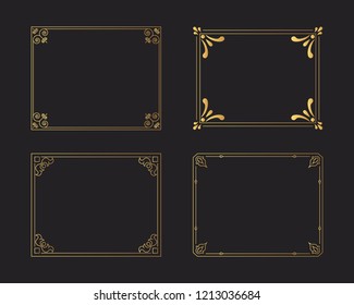 Set of golden vintage borders. Gold rectangular hand drawn swirl frames. Vector isolated flourish design elements. 