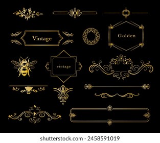 Set of golden vintage curls ornament with border, frame, honey bee, ornate, dividers, suitable for vintage design or wedding invitation card