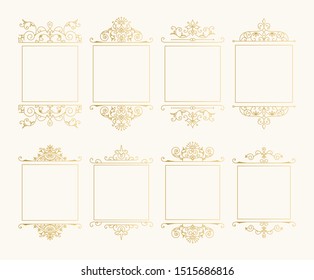 Set of golden vintage flourish frames for menu, label, branding design. Vector isolated illustration.