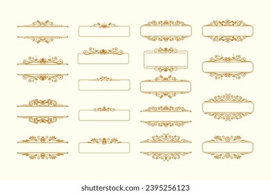 conjunto de cuadros de la época dorada Ornament . Ornamento de la frontera dorada con corona. Ornamento de la etiqueta de nombre vintage. Adecuado para tarjeta de invitación a la boda.