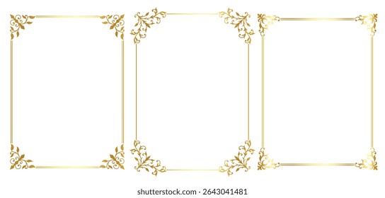 Set of golden vintage frames in floral style. Vintage frames for certificate, wedding invitation, letterhead, menu.