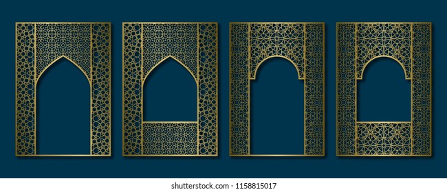 Set of golden vintage frames in form of ornate door and window. Brochure, book or greeting card cover backdrop template.