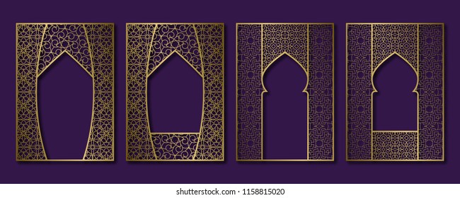 Set of golden vintage frames in form of ornate door and window. Brochure, book or greeting card cover backdrop template.