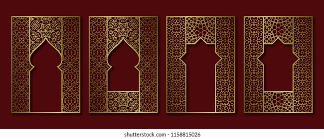 Set of golden vintage frames in form of ornate door and window. Brochure, book or greeting card cover backdrop template.