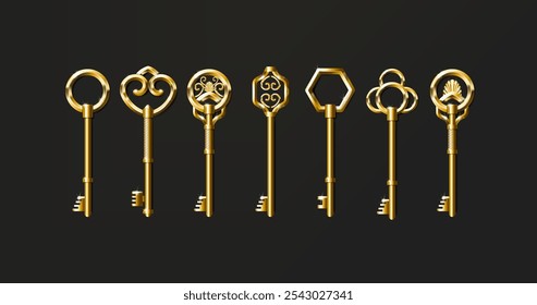 Set of golden vintage old keys.