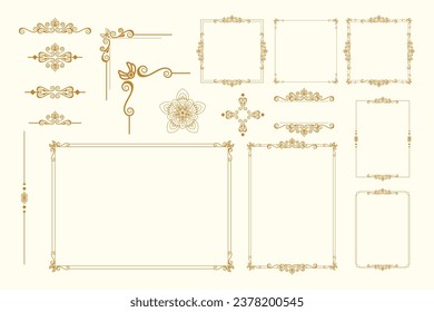 Set Of Golden Vintage ornament with border, frame, crown, mandala and luxury elements, suitable for vintage design or wedding invitation card