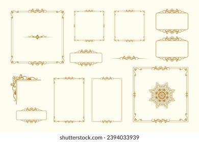 Set Of Golden Vintage ornament with border, frame, crown, ornate,  mandala and luxury elements, suitable for vintage design or wedding invitation card