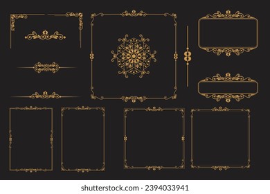 Set aus Golden Vintage-Ornament mit Rahmen, Rahmen, Kronen, Ornaten, Mandala und Luxuselementen, geeignet für Vintage-Design oder Hochzeitseinladungskarte