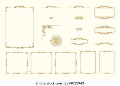 Set Of Golden Vintage ornament with border, frame, crown, ornate,  mandala and luxury elements, suitable for vintage design or wedding invitation card