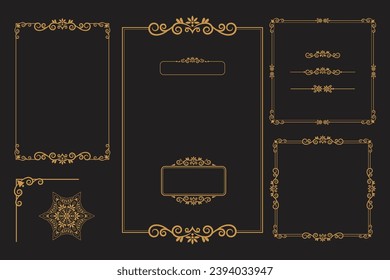 Set Of Golden Vintage ornament with border, frame, crown, ornate,  mandala and luxury elements, suitable for vintage design or wedding invitation card