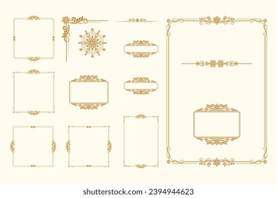 Set Of Golden Vintage ornament with border, frame, crown, ornate,  mandala and luxury elements, suitable for vintage design or wedding invitation card