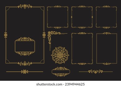 Set Of Golden Vintage ornament with border, frame, crown, ornate,  mandala and luxury elements, suitable for vintage design or wedding invitation card