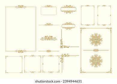 Set Of Golden Vintage ornament with border, frame, crown, ornate,  mandala and luxury elements, suitable for vintage design or wedding invitation card