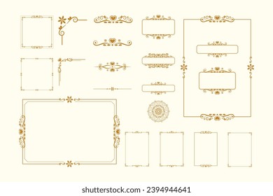 Set Of Golden Vintage ornament with border, frame, crown, ornate,  mandala and luxury elements, suitable for vintage design or wedding invitation card