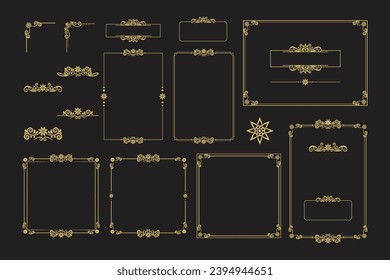 Set Of Golden Vintage ornament with border, frame, crown, ornate,  mandala and luxury elements, suitable for vintage design or wedding invitation card