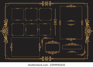 Conjunto de adornos de la época dorada con borde, marco, corona, ornamentación, mandala y elementos de lujo, adecuados para el diseño vintage o tarjeta de invitación a la boda