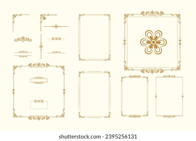 Set Of Golden Vintage ornament with border, frame, crown, ornate,  mandala and luxury elements, suitable for vintage design or wedding invitation card