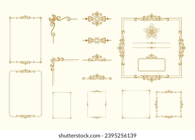 Set Of Golden Vintage ornament with border, frame, crown, ornate,  mandala and luxury elements, suitable for vintage design or wedding invitation card