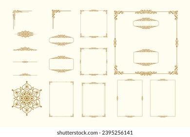 Set Of Golden Vintage ornament with border, frame, crown, ornate,  mandala and luxury elements, suitable for vintage design or wedding invitation card