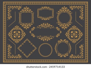 Set Of Golden Vintage ornament with border, frame, crown, corner, mandala and luxury elements, suitable for vintage design or wedding invitation card