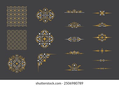 Set Of Golden Vintage ornament with border, frame,pattern, crown, corner, label,  mandala and luxury elements, suitable for vintage design or wedding invitation card