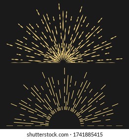 Set of Golden vintage sun rays in shape of semicircle on black background. Sunrise. Template for design. Vector illustration.