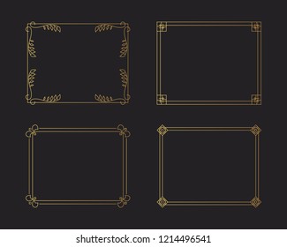 Set of golden vintage swirl borders. Gold rectangular hand drawn ornate frames. Vector isolated flourish design elements. 