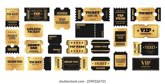 Set golden vip ticket, pass, admission, admit one, coupon, vaucher, label and more template. Gold metal design collection. Vector illustration on white background